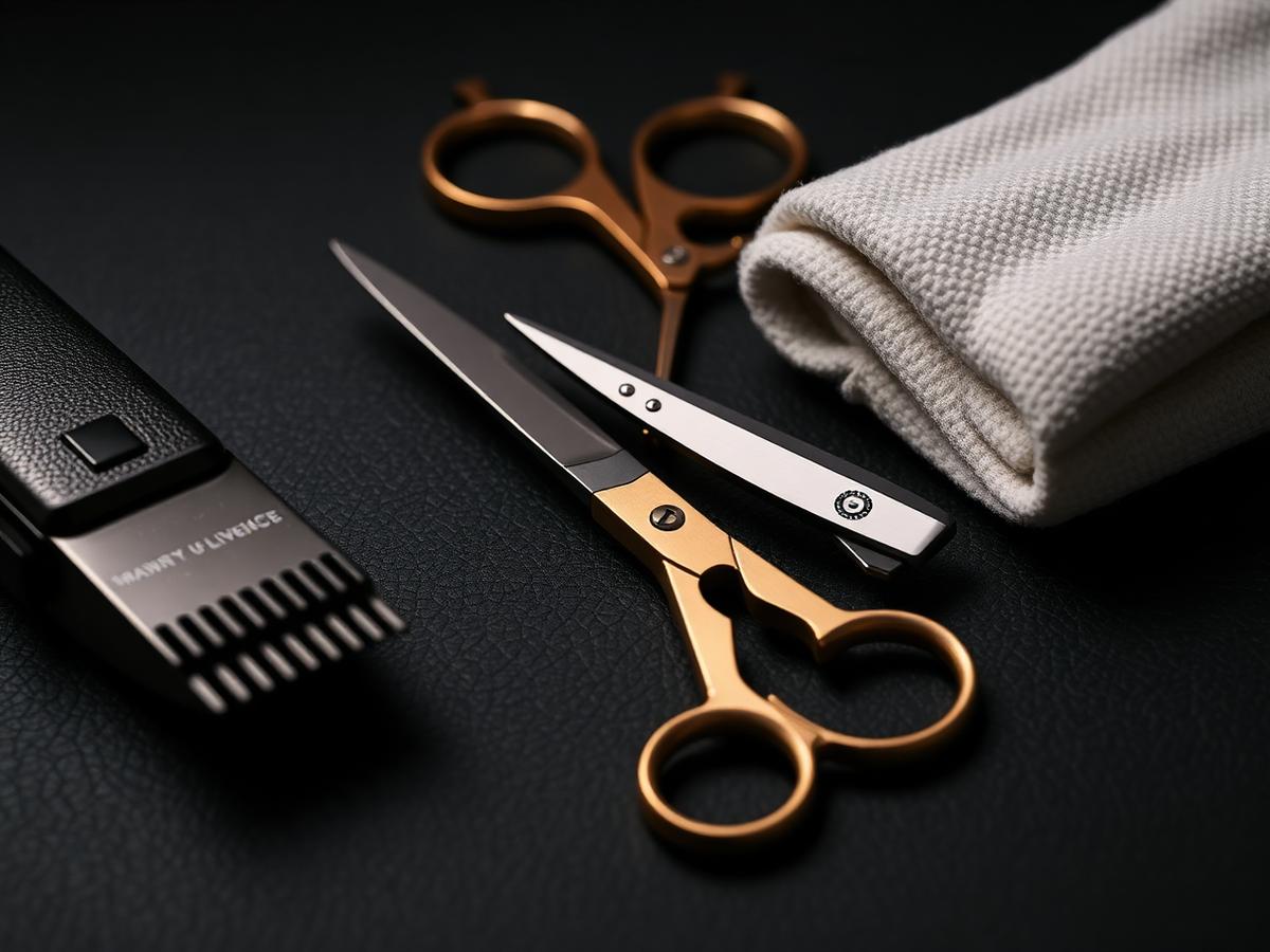 Barber tools laid out on leather